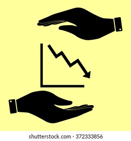 Arrow pointing downwards showing crisis. Save or protect symbol by hands.