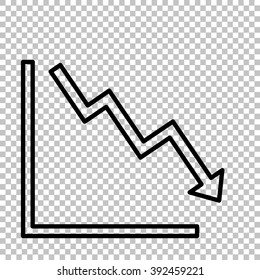 Arrow pointing downwards showing crisis. Line icon on transparent background