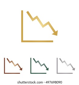 Arrow pointing downwards showing crisis. Metal icons on white backgound.