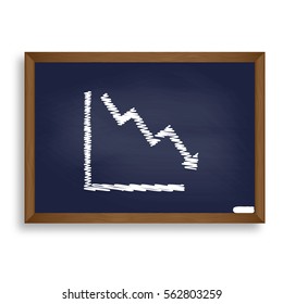 Arrow pointing downwards showing crisis. White chalk icon on blue school board with shadow as background. Isolated.