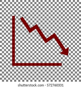 Arrow pointing downwards showing crisis. Maroon icon on transparent background.