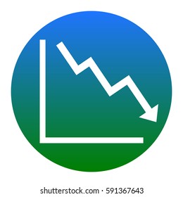 Arrow pointing downwards showing crisis. Vector. White icon in bluish circle on white background. Isolated.