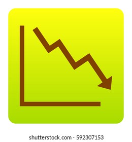 Arrow pointing downwards showing crisis. Vector. Brown icon at green-yellow gradient square with rounded corners on white background. Isolated.