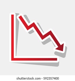 Arrow pointing downwards showing crisis. Vector. New year reddish icon with outside stroke and gray shadow on light gray background.