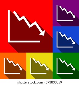 Arrow pointing downwards showing crisis. Vector. Set of icons with flat shadows at red, orange, yellow, green, blue and violet background.