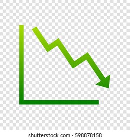 Arrow pointing downwards showing crisis. Vector. Green gradient icon on transparent background.