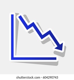 Arrow pointing downwards showing crisis. Vector. New year bluish icon with outside stroke and gray shadow on light gray background.