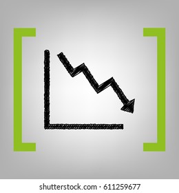 Arrow pointing downwards showing crisis. Vector. Black scribble icon in citron brackets on grayish background.