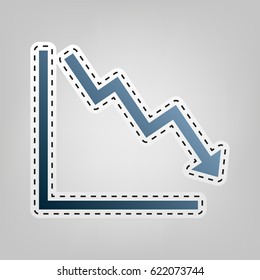 Arrow pointing downwards showing crisis. Vector. Blue icon with outline for cutting out at gray background.