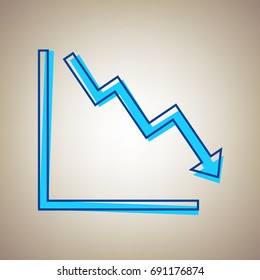 Arrow pointing downwards showing crisis. Vector. Sky blue icon with defected blue contour on beige background.