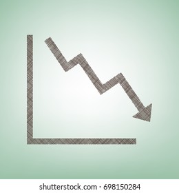 Arrow pointing downwards showing crisis. Vector. Brown flax icon on green background with light spot at the center.