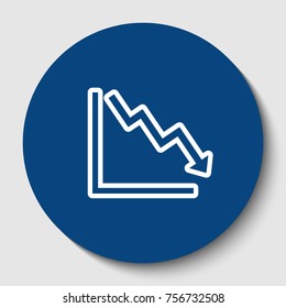 Arrow pointing downwards showing crisis. Vector. White contour icon in dark cerulean circle at white background. Isolated.
