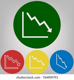 Arrow pointing downwards showing crisis. Vector. 4 white styles of icon at 4 colored circles on light gray background.