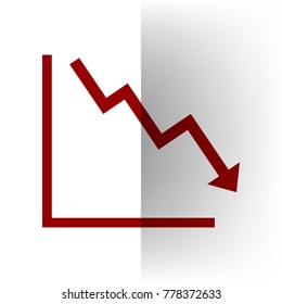 Arrow pointing downwards showing crisis. Vector. Bordo icon on white bending paper background.