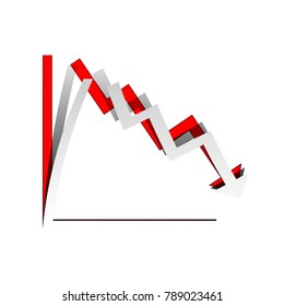 Arrow pointing downwards showing crisis. Vector. Detachable paper icon with red body stock. Isolated.