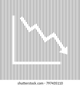 Arrow pointing downwards showing crisis. Vector. White icon on grayish striped background. Optical illusion.