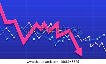 Arrow pointing downwards showing crisis. Stock or financial market crash with red arrow on a blue background. Vector illustration.