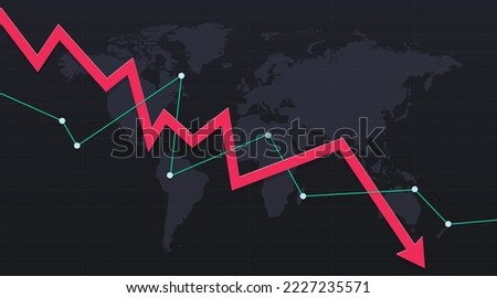 The arrow is pointing downwards showing a global crisis. Stock or financial market crash with a red arrow on a gray background. 商業照片 © 