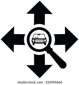 Arrow pointing to four directions resembling north, east, south, west with a magnifying glass and car. Car search, car selling, car deal  vector icon. 