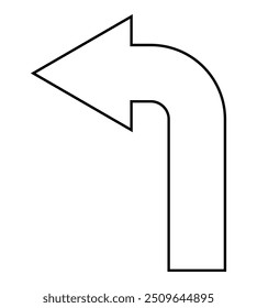 Flecha que apunta a la izquierda, ilustración de la silueta del Vector blanco y negro del símbolo curvo de la forma de la flecha, aislado en el fondo blanco