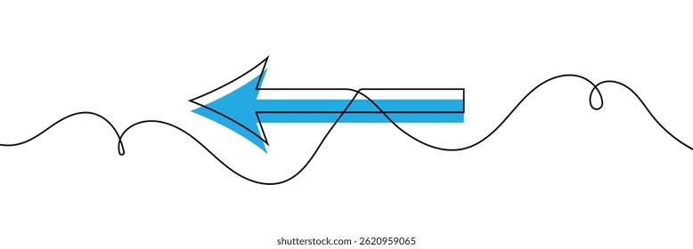 Arrow pointing left, line continuous drawing vector. One line Arrow pointing left, vector background. Arrow pointing left, icon. Continuous outline of a Arrow pointing left.