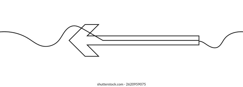 Arrow pointing left, line continuous drawing vector. One line Arrow pointing left, vector background. Arrow pointing left, icon. Continuous outline of a Arrow pointing left.