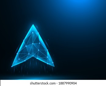 Arrow pointing up low poly design. Navigation, pointer up polygonal vector illustrations on a blue background.