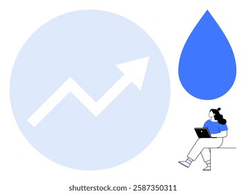 Arrow pointing up on graph in blue circle, large blue water drop, woman with laptop, ponytail, sitting on chair, wearing blue shirt, white pants. Ideal for business growth, environmental themes, data