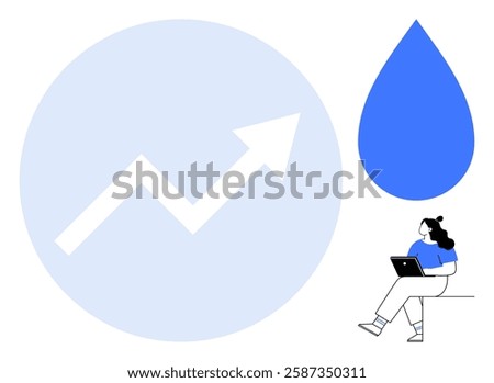 Arrow pointing up on graph in blue circle, large blue water drop, woman with laptop, ponytail, sitting on chair, wearing blue shirt, white pants. Ideal for business growth, environmental themes, data