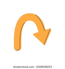 Flecha apuntando hacia atrás, girar. Línea curva con cursor que muestra el giro del trazado. Señal, indicador de ruta de flexión de camino. Forma geométrica, signo de dirección. Ilustración vectorial aislada plana en blanco