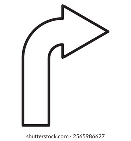 arrow pointing to the right, black and white vector silhouette illustration of curved arrow shape symbol, isolated on white background