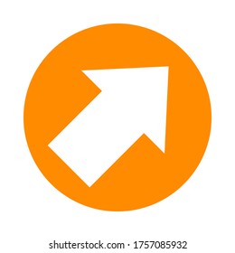 arrow pointing right up in circle orange for icon flat isolated on white, circle with arrow for button interface app, arrow sign for download upload concept, arrow simple symbol for direction, vector