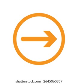 arrow pointing right in circle orange for icon flat isolated on white, circle with arrow for button interface app, clip art arrow sign, arrow simple symbol for direction, vector