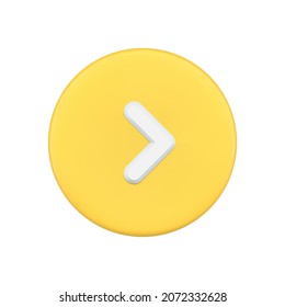 Arrow pointing right direction at yellow circle button 3d icon vector illustration. Navigation pointer or rewinding badge isolated. Moving process choice cursor or pointer. Forward orientation marker