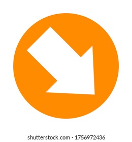 arrow pointing right down in circle orange for icon flat isolated on white, circle with arrow for button interface app, arrow sign for download upload concept, arrow simple symbol for direction