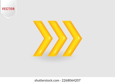 Arrow pointing right in yellow. Realistic 3D design in plastic cartoon style. Icon isolated on white background.