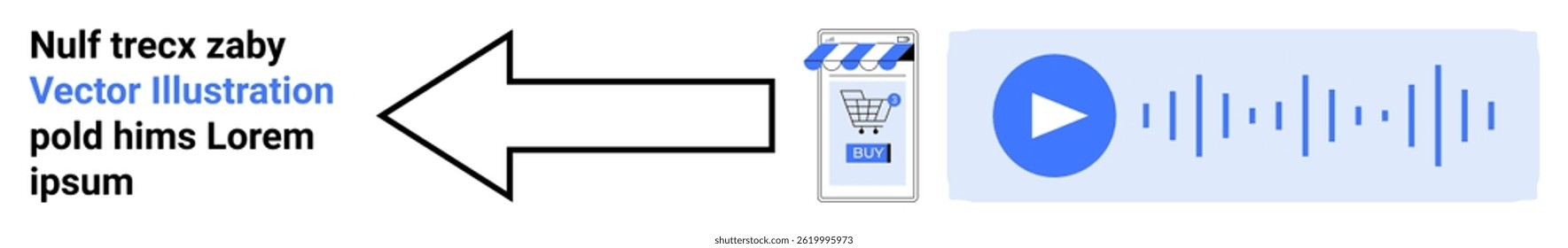 Arrow pointing to a text next to a shopping cart icon and audio play button with waveform. Ideal for multimedia, e-commerce, marketing, tutorials, presentations, websites, apps, and user guides