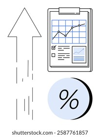 Arrow pointing up, clipboard with a line chart and data, percentage symbol. Ideal for finance, business growth, data analysis, market research, investment, performance metrics, economic reports. Line