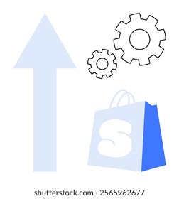 Arrow pointing up, three gears, and blue shopping bag with letter S signify progress, efficiency, and retail success. Ideal for business growth, e-commerce, retail strategies, marketing