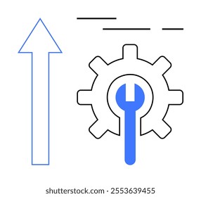 Arrow pointing upward beside a gear with a wrench inside, illustrating improvement and efficiency themes. Ideal for business growth, technology advancement, process optimization, mechanical