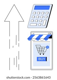 Arrow pointing upward, calculator, and shopping cart on mobile screen with BUY button. Ideal for online shopping, e-commerce growth, digital transactions, business analytics, mobile apps. Simple flat