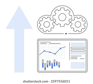 Arrow pointing upward, gears inside cloud, data charts including line and bar graphs highlight progress and optimization. Ideal for business strategy, data analysis, cloud computing, workflow
