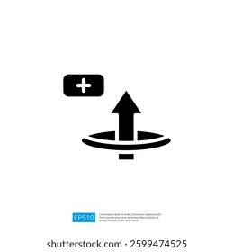 Arrow Pointing Upward with Plus Icon Representing Growth and Enhancement in Minimalist Black and White Design for User Interface Application