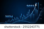 Arrow pointing upwards for future company growth in 2024 to 2025. Stock market graph with rising candles. Ideas for growing a profitable business or investment	