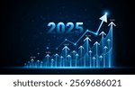 Arrow pointing upwards for future company growth in 2025. Stock market graph with rising candles. Ideas for growing a profitable business or investment	