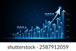 Arrow pointing upwards for future company growth in 2024 to 2025. Stock market graph with rising candles. Ideas for growing a profitable business or investment	