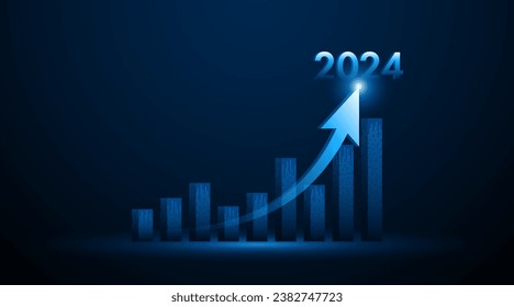 Arrow pointing upwards for future company growth in 2024. Stock market graph with rising candles. Ideas for growing a profitable business or investment