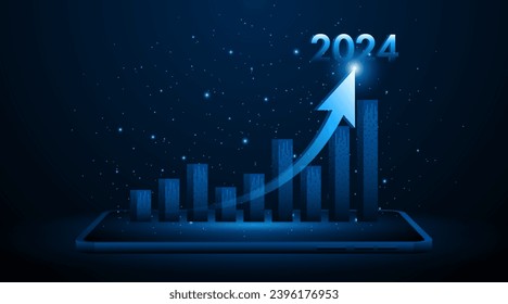 Flecha hacia arriba para el crecimiento futuro de la compañía en 2024, configurada en tablet o smartphone. Gráfico del mercado de valores con velas en alza. Ideas para expandir un negocio o inversión rentable