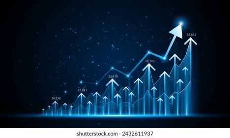 Arrow pointing upwards for future company growth. Stock market graph with rising candles. Ideas for growing a profitable business or investment