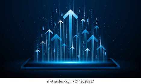 Arrow pointing upwards for future company growth set on tablet or smartphone. Stock market graph with rising candles. Ideas for growing a profitable business or investment	